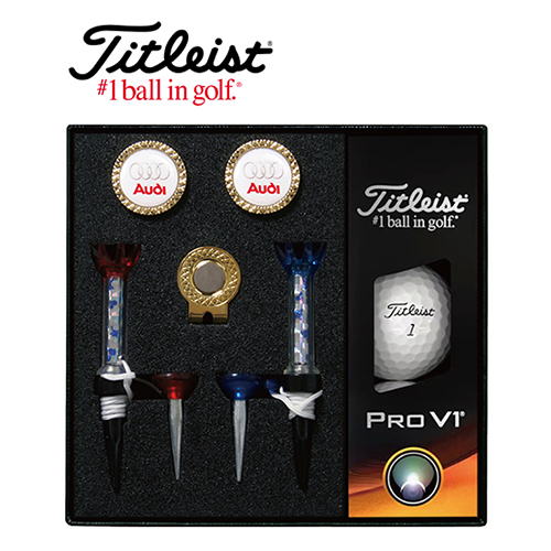 타이틀리스트 Pro V1 골프볼+볼마커 (골드) + 자석티 (2) 세트
