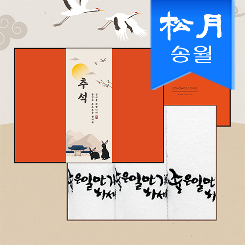 [송월타올]프리미엄 추석 선물세트(좋은일 자수타올 3p, 오렌지) + 쇼핑백(오렌지) + 띠지