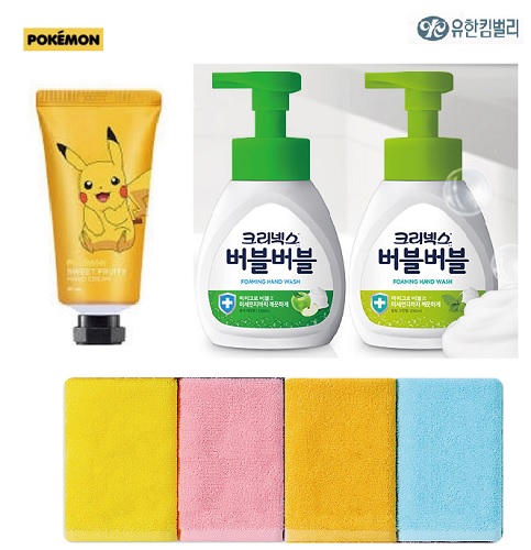 유한킴벌리 크리넥스 버블버블 핸드워시 250ml 1개+포켓몬 핸드크림 50ml 1개+핸드타올 1개 (손잡이 케이스 포함)