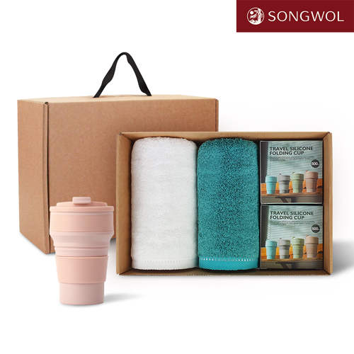 [송월타올] 리빙 기프트세트 36 송월 솔리드뱀부무지 200g 2P + 실리콘텀블러500ml 2P