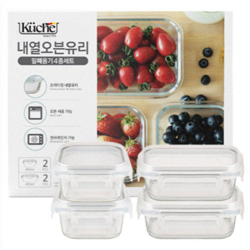 내열오븐유리 밀폐용기4종세트(350ml x 2p  370ml x 2p)
