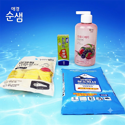 애경 순샘 주방세제 500g + 휴대용크린백 30매 + 면코팅고무장갑 + 마법의청소박사 30매