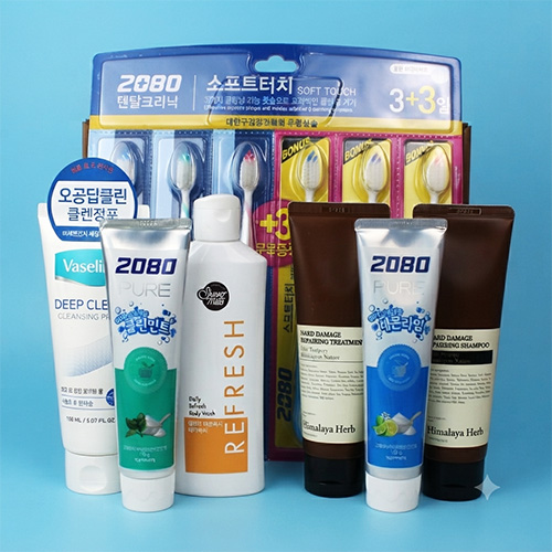 소프트터치 3+3 칫솔+2080 퓨어치약 2종+바세린 클렌징폼+애경 바디워시+나드 데미지리페어링 샴푸+트리트먼트