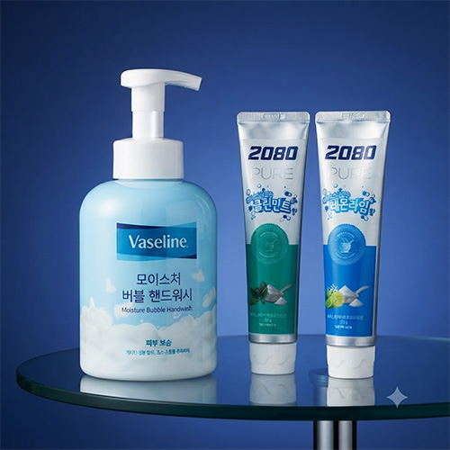 애경 바세린 모이스처 버블 핸드워시 500ml + 2080  퓨어치약 2P 세트