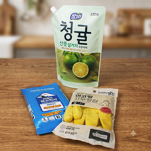 참그린 대용량 청귤 주방세제 970ml + 면코팅고무장갑 + 마법의 청소박사 30매 + 끈케이스