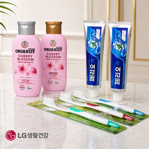LG생활건강 오가니스트 샴푸+컨디셔너+페리오 후레쉬 치약 150g 2개+페리오 부드러운 미세모 칫솔 3개 +끈케이스
