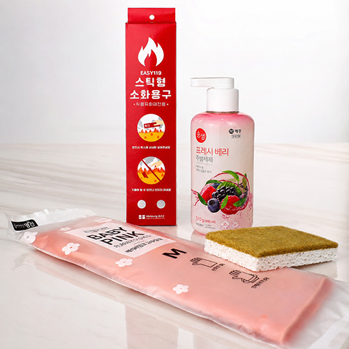 주방용 식용유 전용 소화용구+애경 순샘 주방세제 500ml+베이비핑크 고무장갑+친환경 코코넛 수세미