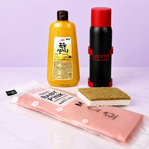 주방용 소화용구 119 + 애경 곡물설거지 주방세제 500g + 베이비핑크 고무장갑 + 친환경 코코넛 수세미 + 끈케이스 +