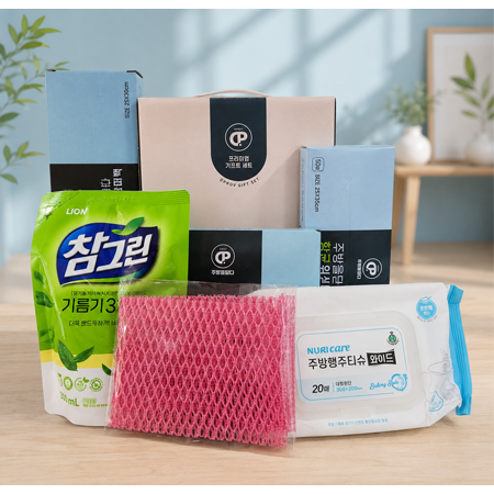프리미엄 주방선물세트 명절선물 답례품 이중지퍼백 주방세제 망사수세미 주방행주티슈 위생장갑 홍보용 스티커부착 가능