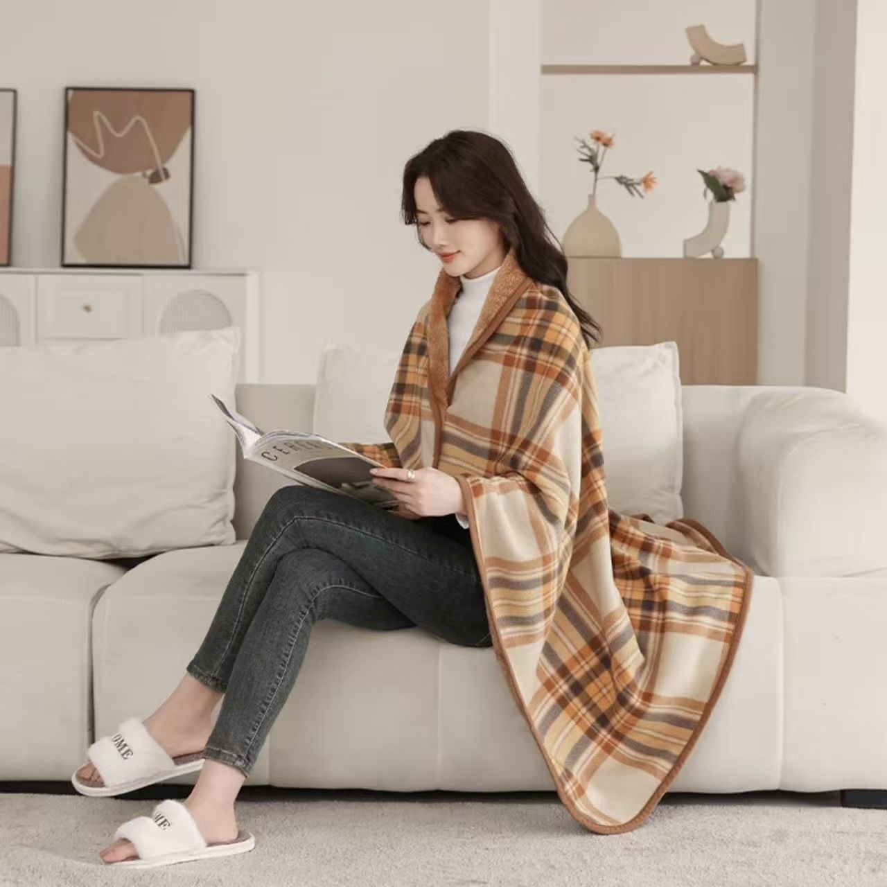 (베이지 체크) 편한생활연구소 단추형 숄담요