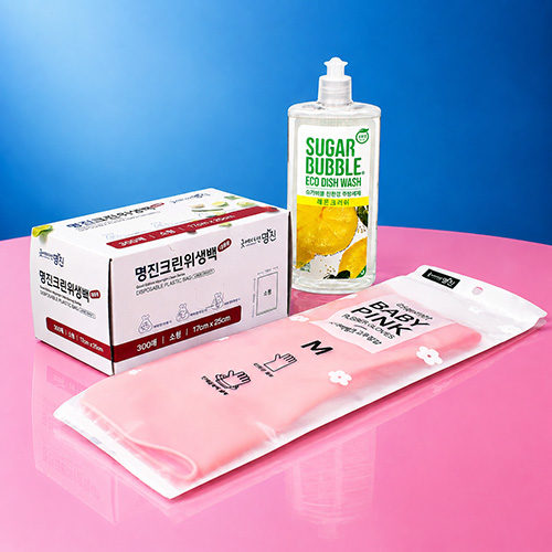 대용량 크린백 300매 + 베이비핑크 고무장갑 + 슈가버블 주방세제 + 끈케이스