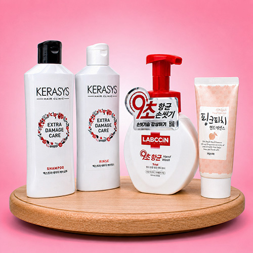 애경 캐라시스 샴푸+린스+랩신 핸드워시+핑크피치 핸드크림+끈케이스