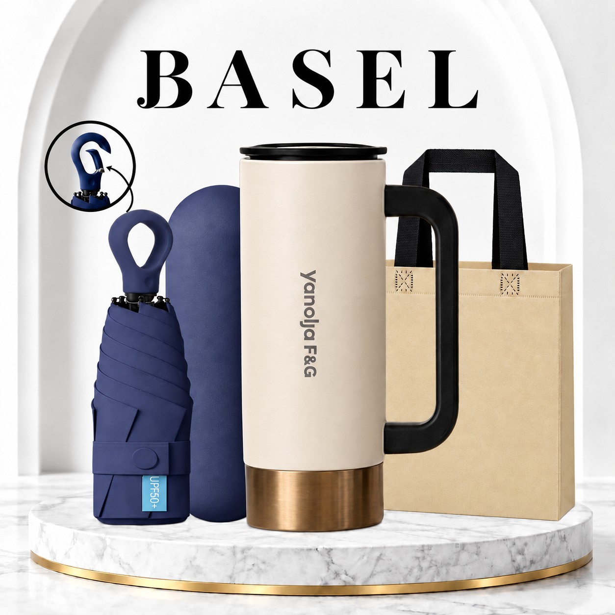 바젤 모던비트 진공 텀블러 350ml + 고리형 5단 양우산(UV차단)