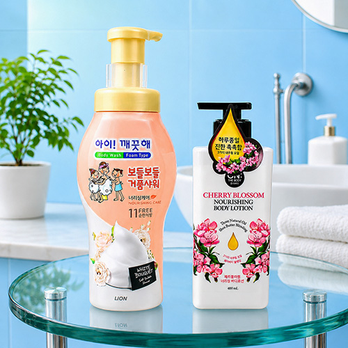 아이깨끗해 거품샤워 바디워시 700ml + LG생활건강 체리블라섬 바디로션 + 끈케이스